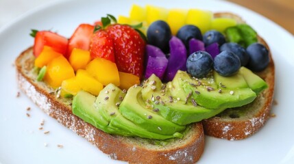 Toast slices topped with mashed avocado and a rainbow of fresh, healthy toppings
