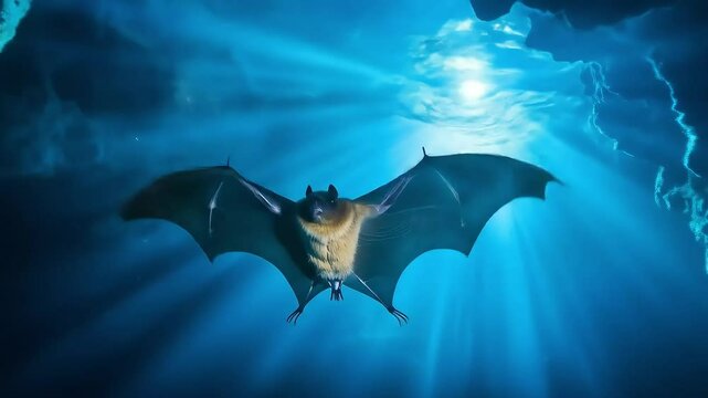 Bat in Blue Underwater Cave with Light Rays. Generative ai