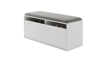 Modern White Storage Bench with Gray Cushioned Seat and Open Shoe Compartments on Transparent Background