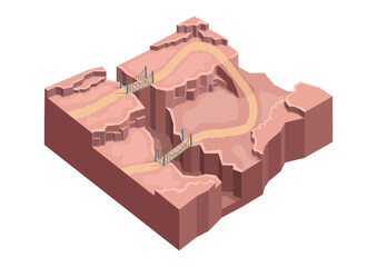 Isometric desert environment with ravines and rocky hills