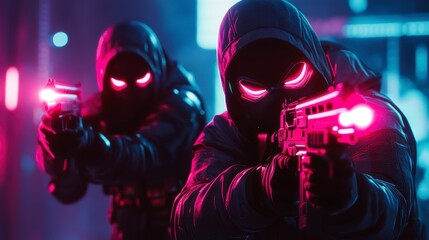 Two masked figures in hooded jackets aiming firearms in a neon-lit urban setting at night.
