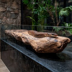Arboreal rat snake rests on driftwood in terrarium.
