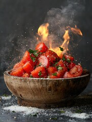 Rustic wooden bowl filled with fresh tomato salad.