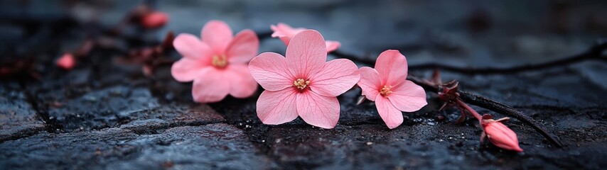Delicate pink blossoms rest on a dark, textured surface.
