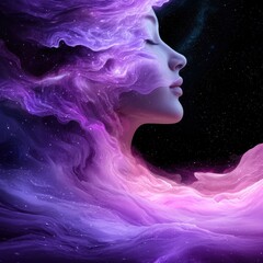Dreamy woman with galaxy hair and cosmic energy.