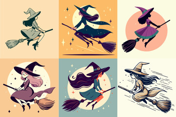 Fototapeta premium cartoon illustration set of witch flying on a broomstick