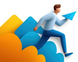 Cartoon man running with paper airplane, business startup concept.
