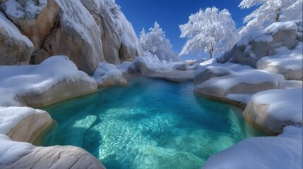 Turquoise water surrounded by snow-covered rocks and trees.