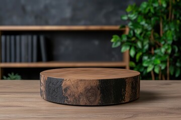 Rustic wooden display stand with plant and bookshelf backdrop.