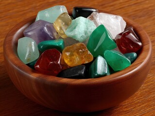 Polished gemstones in a wooden bowl, healing crystals.