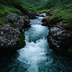 Cascading river flows through a verdant, rocky gorge.