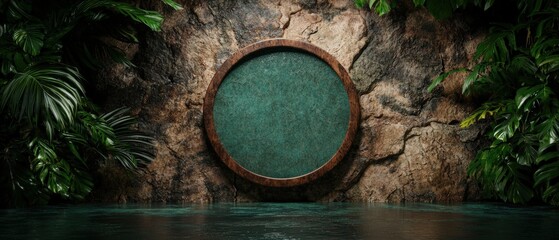 Lush tropical plants frame a circular stone portal.