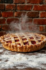 Freshly baked strawberry pie with lattice crust steaming.