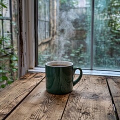 Steaming mug of coffee sits on a rustic table.