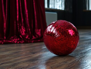 Sparkling red ball on a wood floor near curtains.