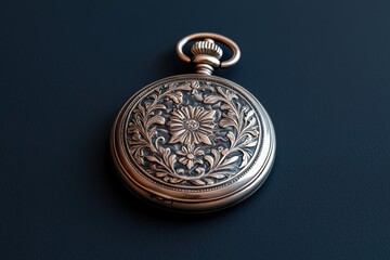Ornate antique pocket watch with floral design on dark surface.