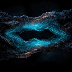 Abstract glowing portal in dark rock formation, digital art.