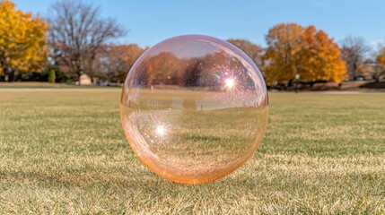 A translucent gazing ball sits on a grassy lawn.