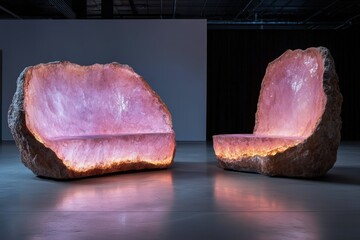 Illuminated rose quartz crystal chairs glow in modern gallery.