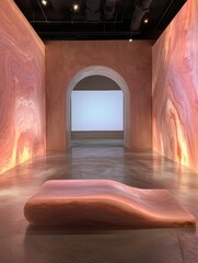 Modern art installation with pink walls and bench.