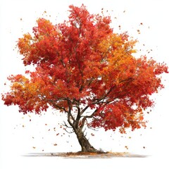 Vibrant autumn tree with red and orange leaves shedding in the wind, representing seasonal change in nature's beauty