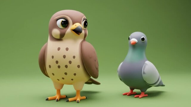 Cartoon Owl and Dove with Green Background