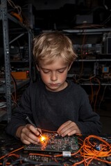 Focused child soldering a circuit board in workshop.