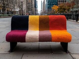 Colorful knitted bench adds warmth to urban street scene.