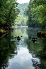 Two kayakers paddling down a serene river in lush forest.