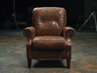 Distressed brown leather armchair in a dark room.