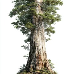 Fototapeta premium Majestic tall tree with thick trunk and textured bark isolated on white background, symbolizing strength and nature's beauty
