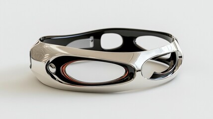 Sleek, futuristic bracelet with a polished metal exterior and contrasting black accents.  Features intricate, organic shapes and open, circular designs