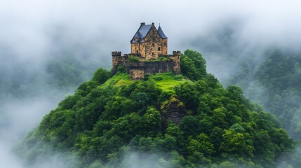 Naklejka premium A medieval castle atop a lush green hill with foggy surroundings