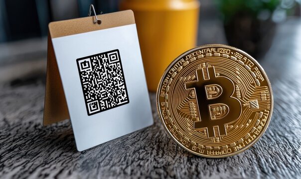 Gold Bitcoin beside QR code - Powered by Adobe