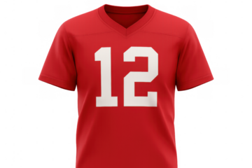Sporty red t-shirt featuring large number twelve, ideal for athletic wear, displayed on clean transparent backdrop