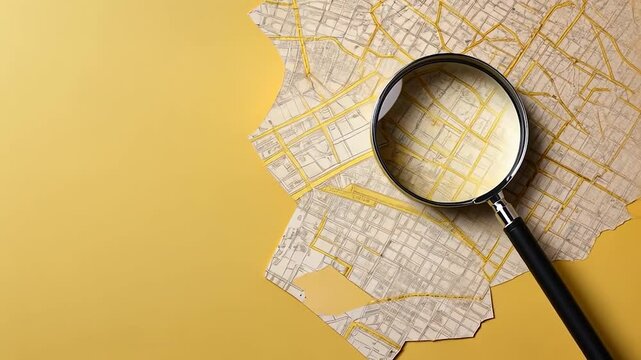 Map section with magnifying glass on yellow background overhead flat lay