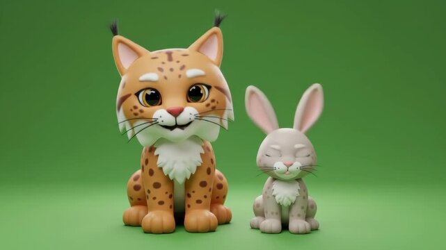 Cartoon Cat and Bunny Standing Together on Green Background
