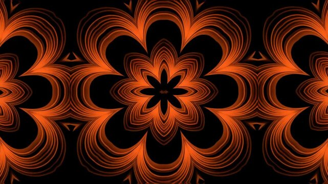 Floral Kaleidoscope Symmetrical orange flower patterns on black