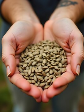 An open hand cradles a heap of fresh sunflower seeds, captured in a focused view.