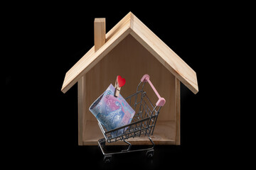 A symbolic wooden house and 10,000 Kazakhstani tenge banknotes in shopping cart from supermarket
