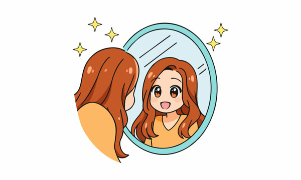 cute woman standing in front of mirror and looking at reflection cartoon illustration