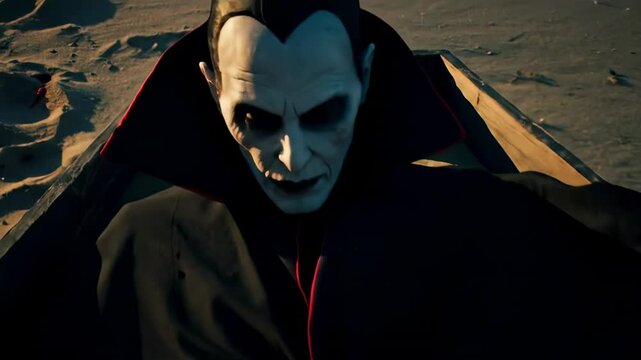 A mysterious figure lying in a coffin on a sandy beach, surrounded by a pool of crimson liquid, evoking a haunting atmosphere - vampire in coffin