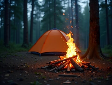A fire burns in the forest against the background of a nearby tent. The concept of a tourist trip, camping. Generated