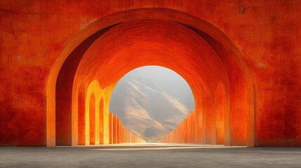 Captivating orange arches architectural passage toward misty hills creating serene depth perspective style