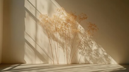 Elegant studio scene with dry flower arrangement casting soft light and shadows onto a beige wall