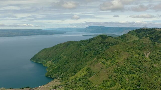 Aerial view of landscape Lake Toba and farmland in the highlands. Sumatra, Indonesia.