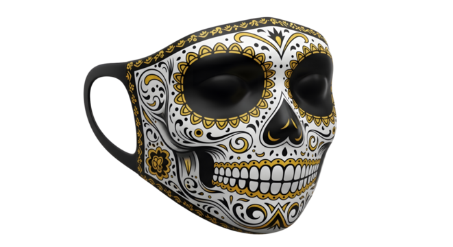 Ornate Skull Mask Design with Floral Pattern in White and Gold Isolated on Black