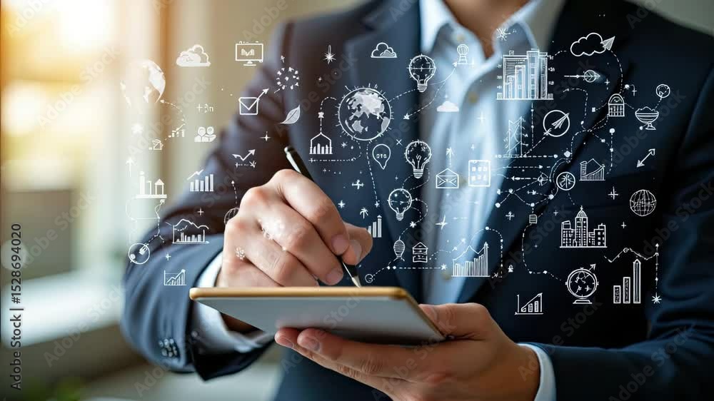Poster business professional analyzing data trends with digital graphs and charts in modern office environm