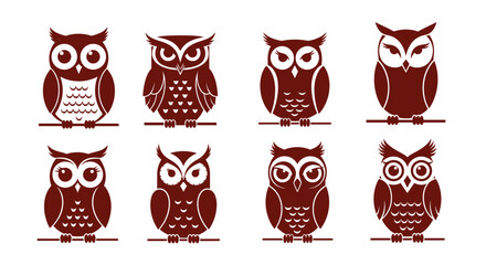 Collection of eight stylized owl illustrations perched on branches in a row design element vector graphic on transparent background