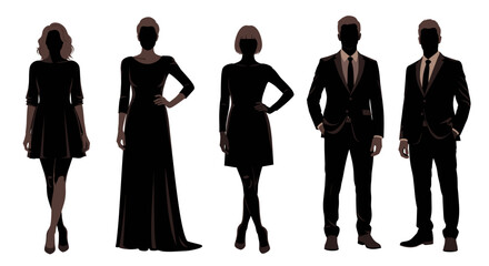 Silhouettes of five figures showcasing formal attire and elegant fashion designs for a modern event look on transparent background